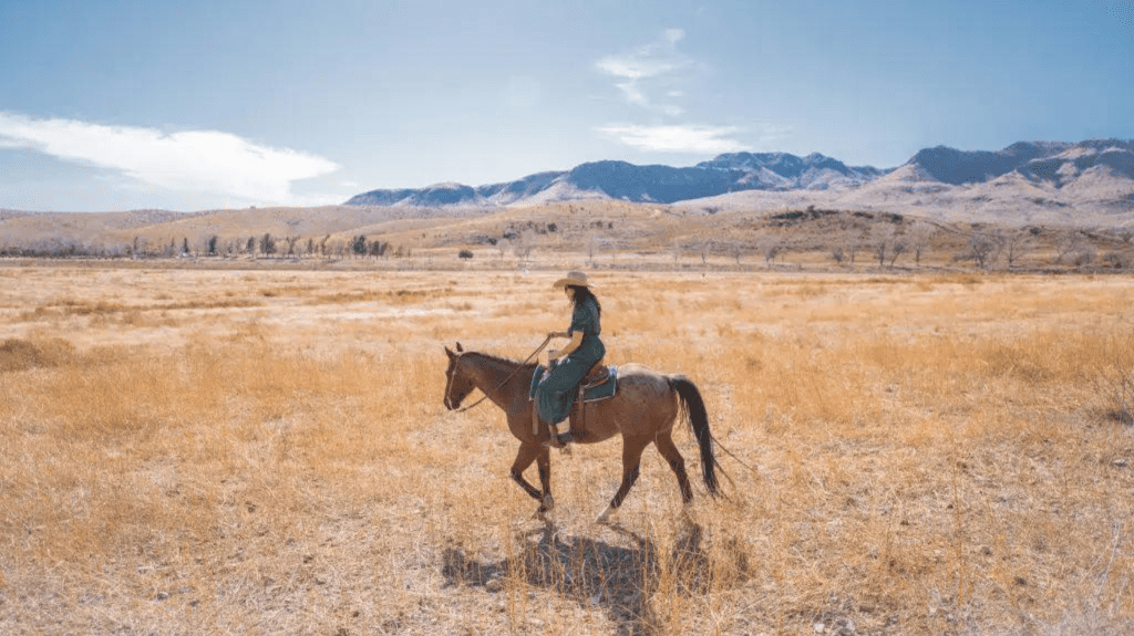 horseback riding with mountain view