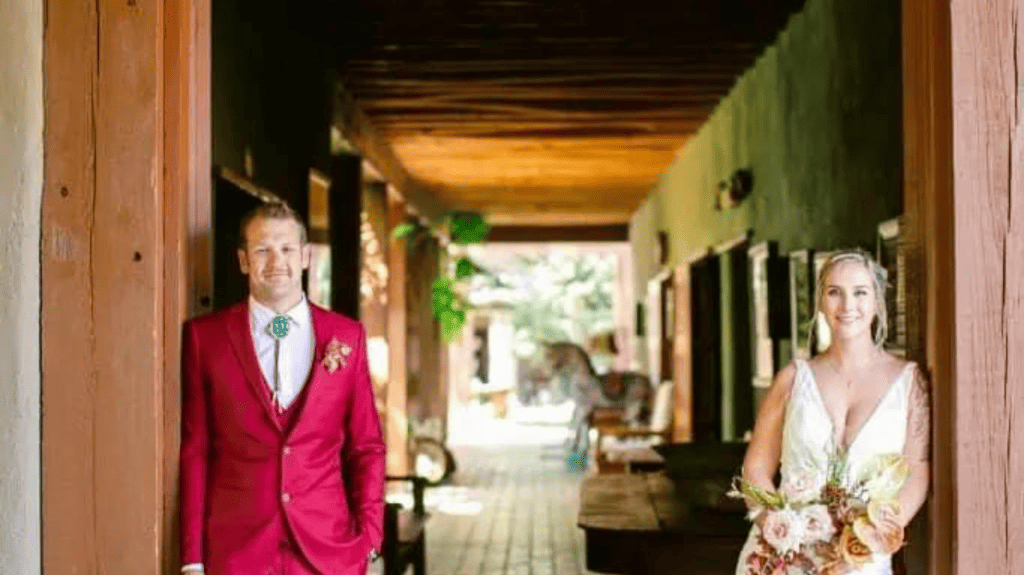 bride and groom acequia courtyard hallway